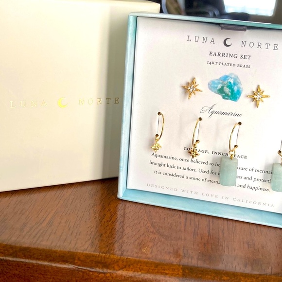 New Luna Norte Aquamarine & Quartz 14KT Plated Brass 3 Piece Earring set - Picture 2 of 4